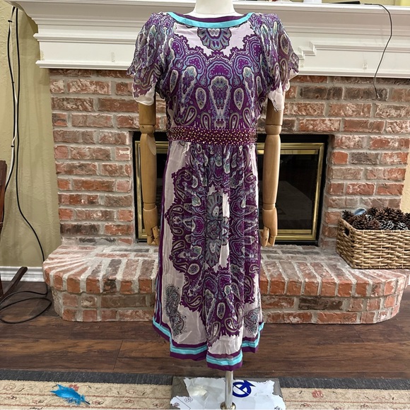100% Silk Nicole by Nicole Miller Y2K Purple and Blue Paisley Dress / 10 / EUC - Picture 3 of 9